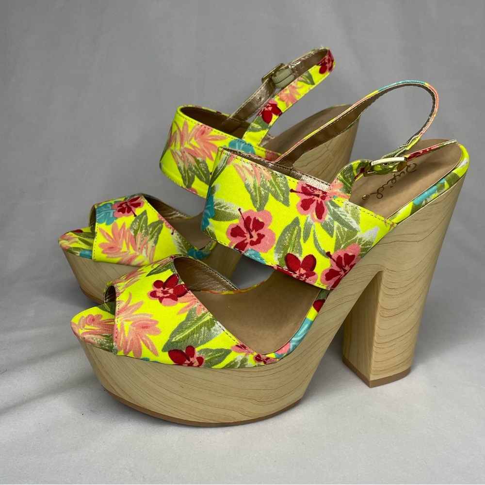 QUPID Neon Floral Open Toe Clog Heels Slingback Peep Toe Strappy Shoes size 9